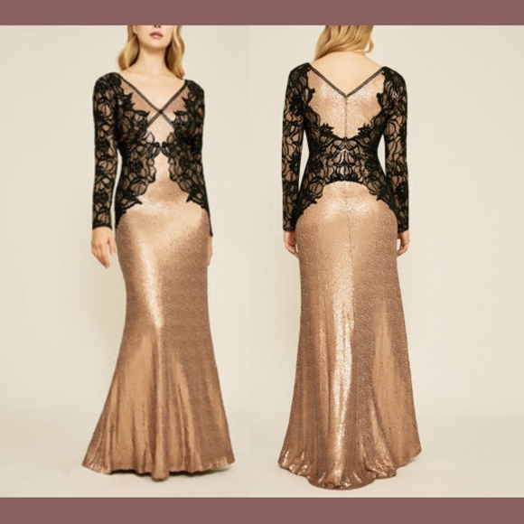 NWT‎ $668 Tadashi Shoji Vulcan Lace Sequin Long Sleeve Gown Copper [SZ 14 ] - Picture 1 of 12